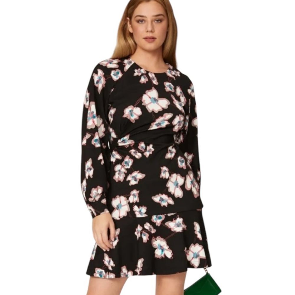 Tanya Taylor Noemie Black Floral Print Ponte Knit Ruffle Hem Mini Dress - 8